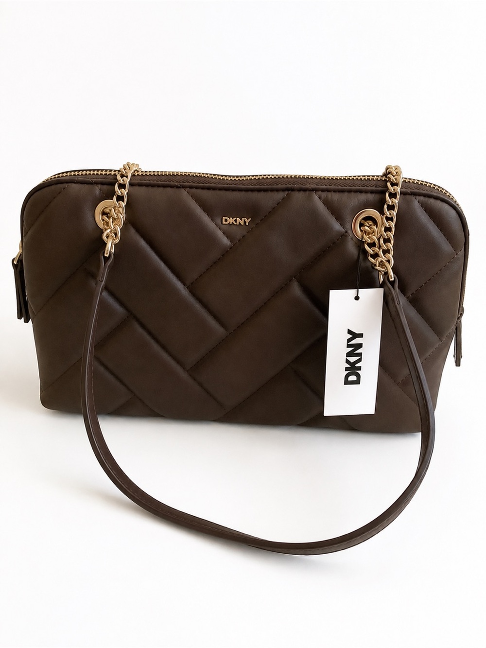 DKNY Bryant Medium Chocolate Brown Quilted Satchel Crossbody Bag NWT